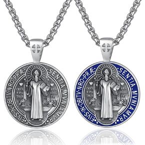 EUDORA S925 Sterling Silver St Benedict Medal San Benito Necklace for Women Men, Vintage Saint Benedict Amulet Pendant Christian Catholic Jewelry Gifts for Women Mens Brother Father, 24inch+20inch