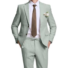 Fxzpiodi Linen Suits Men Slim Fit 2 Piece Mens Linen Suit Casual Blazer Jackets Pants Set Summer Beach Wedding Outfit