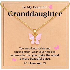 To My Beautiful Granddaughter, 14k Gold Stainless Steel Beautiful Pink Butterfly Dangle Necklace Sparkly Gifts Jewelry For Women
