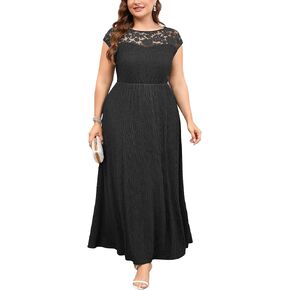 ZOMVA Plus Size 1X-4X Embroidery Lace Formal Long Dress Scoop Neck Cap Sleeve Aline Dress Mother of Bride Groom Wedding Guest