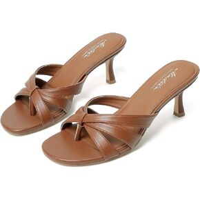 Mostrin Strappy Kitten Heels for Women Round Open Toe Flip Flops Slip On Mules Heels Fashion Thong Heeled Sandals for Party Wedding Holiday