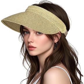 Women Foldable Sun Visor Hat Adjustable Straw Ponytail Summer Beach Cap UV Protection