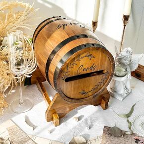 Wooden Wedding Card Box for Reception, Whiskey Barrel Gift Card Box for Party, Money Envelope Boxes with Slot & Holder for Graduation Bridal Shower Birthday Wedding Decor