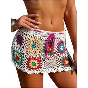 MakeMeChic Women's Crochet Skirts Tie Front Summer Beach Cover Up Floral Mini Skirt