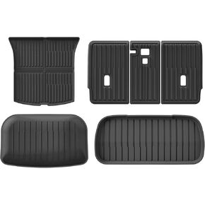 LUCKEASY 4PCS Rear & Front Trunk Mat& Backrest Mat& Trunk Lower Mat for 2025 Tesla Model Y Juniper New 5 Seat Floor Liners Cargo Liner Backrest Liner Waterproof All-Weather Accessories TPE Black