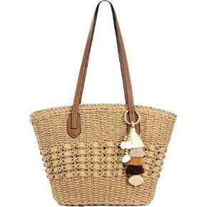 Straw Purse with Tassel Hat Clip, Beach Bag for Women, Handmade Large Woven Purse, Summer Raffia Tote Shoulder Bag