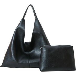 Slouchy Hobo Bags for Women Tote Bag Retro PU Leather Crossbody Bag Soft Shoulder Purses Handbags Large Capacity 2pcs, B Black