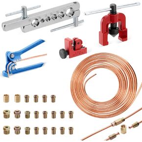 25Ft 3/16" Copper Coated Brake Line Kit (Include 16 Fittings, 2 Unions and 4 Nuts) + Single Brake Line Flaring Tool Kit + Brake Line Bender + Tube Cutter