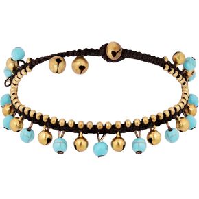MINACHI Bohemian Style Anklet with Jingling Bell and Hand-woven Rope, Turquoise-toned and Brass Chain Foot Bracelet, Summer Beach Ankle Bracelet for Women