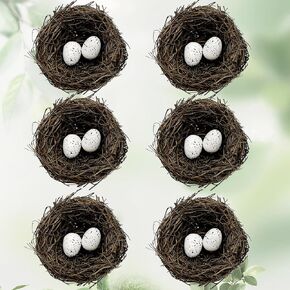 LWINGFLYER 6pcs Small Faux Bird Nest with Eggs for Crafts, Artificial Rattan Birds Nest for Easter Wedding Home Paty Christmas Tree Decoration (6pcs Mixed Small Size Nest,12pcs Eggs)