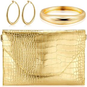 3 Pcs Gold Envelope Clutch Purse for Women Gold Jewelry Set for Women Formal Leather Envelope Handbag Evening Bag Golden Bangle Bracelet Hoop Earrings for Formal Wedding Party Prom Gift