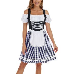 German Oktoberfest Costumes Dirndl Dresses Plaid Bavarian Dress for Halloween Carnival