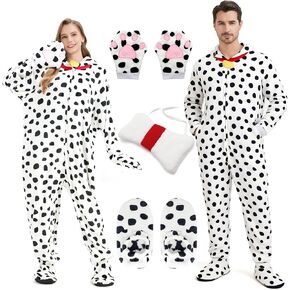 TIMSOPHIA Dalmatian Costume Adult, 4PCS Unisex Animal Onesies Plush Pajamas One-Piece Sleepwear Halloween Cosplay
