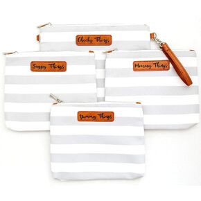 Stylish Diaper Bag Organizing Pouches - XL Set of 4 Pink Canvas Diaper Bag Pouches with Leather Embossed Labels, Leather Wristlet Strap & Durable Metal Zippers