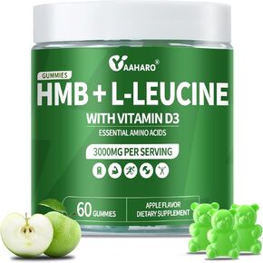 (2 Pack) HMB & L-Leucine Gummies 3000mg - with Vitamin D3 for Muscle Recovery, Energy, Endurance & Muscle Mass Increase - for Men & Women - Non-GMO, Vegan, Gluten-Free, Apple Flavor - 120 Gummies