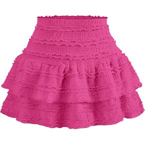 Women's Pleated Ruffle Mini Skirt Lace High Waist Layered Flared Flowy Tiered Short Skirt