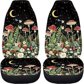 Vintage Wild Forest Mushroom Snail Beetle Daisy Cottagecore Print 2 Pack Car Seat Covers Set Front Seats Only Universal Fit Most Truck SUV Vans Auto Accessories Interior Cushion Protector