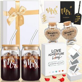 50 Pcs Date Ideas Cards Honeymoon Gifts Essential for Couple Mr Mrs Box Wedding Bridal Shower Engagement with Glass Date Night Scratch off Card Games Passport Holder Baggage Tags Jar