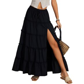 OYOANGLE Women's Elastic Waist Tie Front Tiered Ruffle Hem Long Maxi Skirt Y2K Split Thigh Flowy Skirts