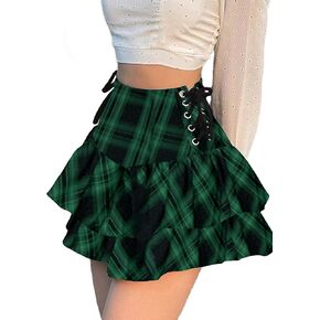 Womens Y2k Gothic Skirt High Waisted Lace Up Double Layered Ruffles Punk Mini Emo Skirts