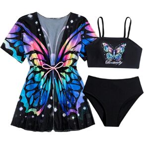 Girl's 3 Pieces High Waisted Bikini Set Graphic Butterfly Swimsuit with Kimono Beach Cover Up