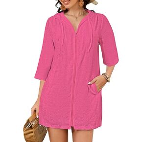 Bsubseach Terry Cloth Swim Coverup - Women Long Sleeve Hooded Swimsuit Coverup Zipper Beach Coverups Robes with Pockets