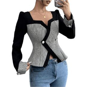 GORGLITTER Women's Color Block Double Breasted Blazer Puff Sleeve Wrap Notch Neck Cardigan