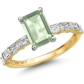 Gem Stone King 14K Two Tone Gold Gemstone Birthstone and Lab Grown Diamond Engagement Ring For Women | Emerald Cut 8X6MM and 3X2MM | Wedding Anniversary Ring | Available in Size 5,6,7,8,9