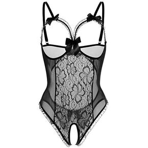 Women's Floral Lace Teddy Lingerie, Black Mesh Bodysuit with Bow Details