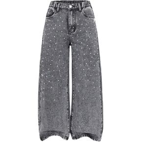 SHENHE Girl's Wide Leg Jeans Sparkly Rhinestone High Waisted Loose Casual Denim Pants