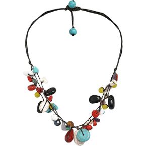 AeraVida Multi-Stone 3-Strand Necklace with Simulated Turquoise, Onyx, Quartz, Coral & Jasper | Handmade Boho Jewelry with Cotton Wax Rope | Adjustable Toggle Closure
