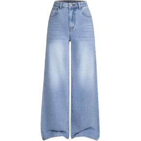 Floerns Girl's Elastic Waist Jeans Kids Wide Straight Leg Denim Pants with Pocket