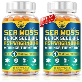 Nature's live Organic Sea Moss Softgels, with Black Seed Oil, Ashwagandha, Bladderwrack, Ginger, Burdock Root, Manuka Honey, Cinnamon for Immune System, Skin, Energy, 90 Softgels, 1 Pack
