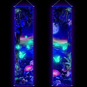 Tiamon 2 Pcs Black Light Art Wall Decor Trippy Blacklight Tapestry UV Reactive Tapestry Poster Banner Aesthetic Room Hanging Backdrop for Christmas Band Hippie Live Bedroom Home Decoration (Forest)