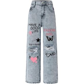 Baggy Jeans for Girls Wide Leg Ripped High Elastic Waisted Denim Pants Cute Summer Trousers Y2K Streetwear 7-14Y