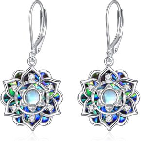 Moonstone Lotus Earrings Sterling Silver Abalone Shell Lotus Flower Dangle Drop Earrings Yoga Jewelry Mother's Day Jewelry Gifts for Women Mom