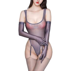 SINROYEE Women's Shiny Pantyhose Fishnet Bodystocking Plus Size Crotchless Bodysuit Sexy Tights Soft Nightwear Lingerie