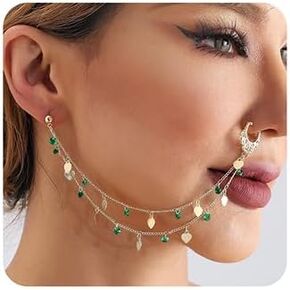 Wiwpar Gold Nose Rings Chain Hoop Green Beaded Layered Tassel Non Piercing Nose Hoop Chain Nose to Ear Chain Jewelry Nose Ring Body Jewelry for Women Halloween Costume (Style2)