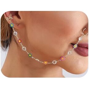 Wiwpar Crystal Nose Rings Hoop Chain Colorful Flower Nose Rings Earrings Hoop Chain Fake Septum Ring Non Piercing Nose to Ear Nose Ring Body Jewelry Nose Dangle Earrings for Women (Style5)