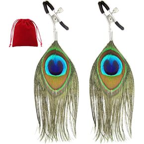 Peacock Feather Nipple Clips Adjustable Non Piercing Nipple Clamps Faux Piercing Feather Dangle Nipple Jewelry (Black)