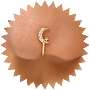 Andelaisi Punk Crystal Moon Clip On Nose Ring Gold Crescent Star Fake Nose Ring Vintage CZ Moon Star Nose Ring Non Pierced Nose Ring Jewelry for Women