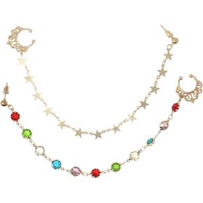 Honbay 2PCS Fashion Nose Ring with Chain Nose to Ear Chain with Star Crystal Fake Septum Ring Non-Piercing Nose Ring Indian Belly Dance Party Nose Accessories Body Jewelry