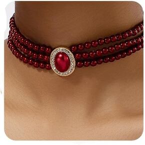 YERTTER Vintage Multi-Strand Fake Pearl Beaded Necklace with Oval Crystal Pendant Choker NEecklace for Women Wedding