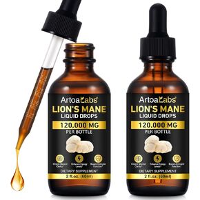 Lions Mane Mushroom Drops - 2Pack, Brain Supplement 120,000 MG, Brain Vitamins, Enhance Memory & Focus & Immunity, 4 Oz