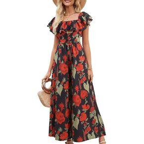 Gardenwed Women's Floral Wide Leg Jumpsuit, Ruffle Short Sleeve Square Neck Summer Casual Palazzo Romper with Pockets