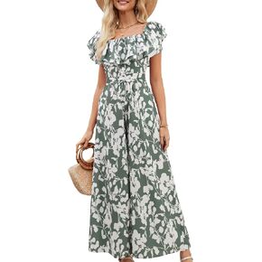 Gardenwed Women's Floral Wide Leg Jumpsuit, Ruffle Short Sleeve Square Neck Summer Casual Palazzo Romper with Pockets in Saudi Arabia