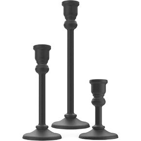 3-Piece Metal Candle Holders Set - Heavy Duty Alloy Taper Candlesticks for Table Centerpiece, Christmas, Dinner Party, Vintage Home Decor - 5-7.5 -10.3Inch Tall, Antique Gold Finish (Black)