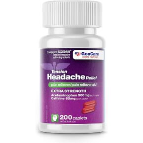 GenCare - Tension Headache Relief Pain Reliever with Acetaminophen 500 mg & Caffeine 65 mg (200 Caplets) Best Value Bulk Extra Strength for Head, Migraine, Joint Pain & Body Ache Relief Medicine