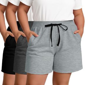 Neer 3 Pack Women's Plus Size Shorts Casual Knit Elastic Waist Drawstring Lounge Sweat Shorts with Pockets