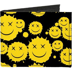 Buckle-Down Wallet, Bifold, Smiley Face Splatter Scattered Black Yellow, Canvas